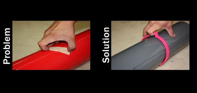Before and after comparison of applying vinyl wrap with a problem and solution shown.