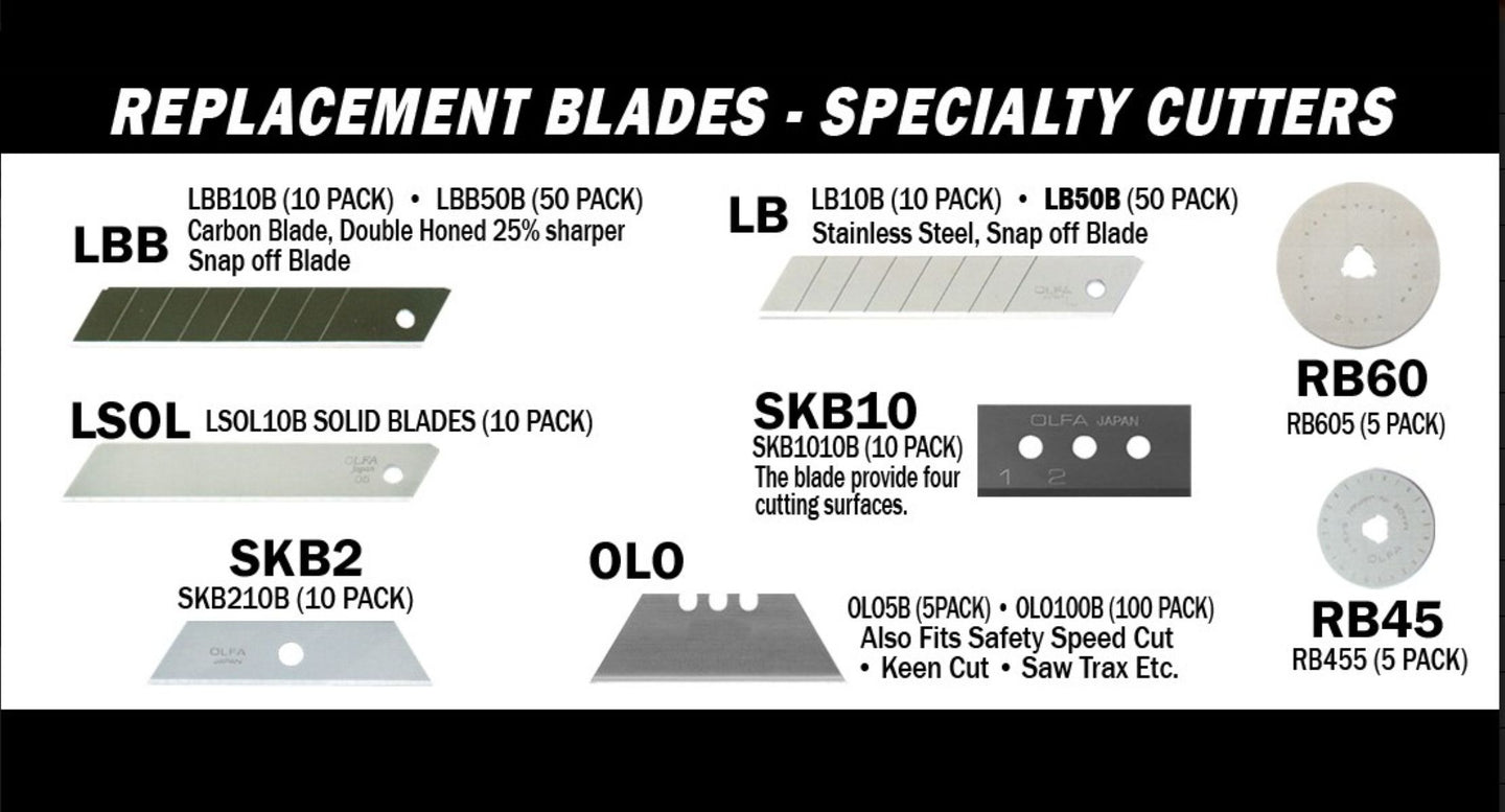 Catalog page of replacement blades with various types and packaging options on a black background.