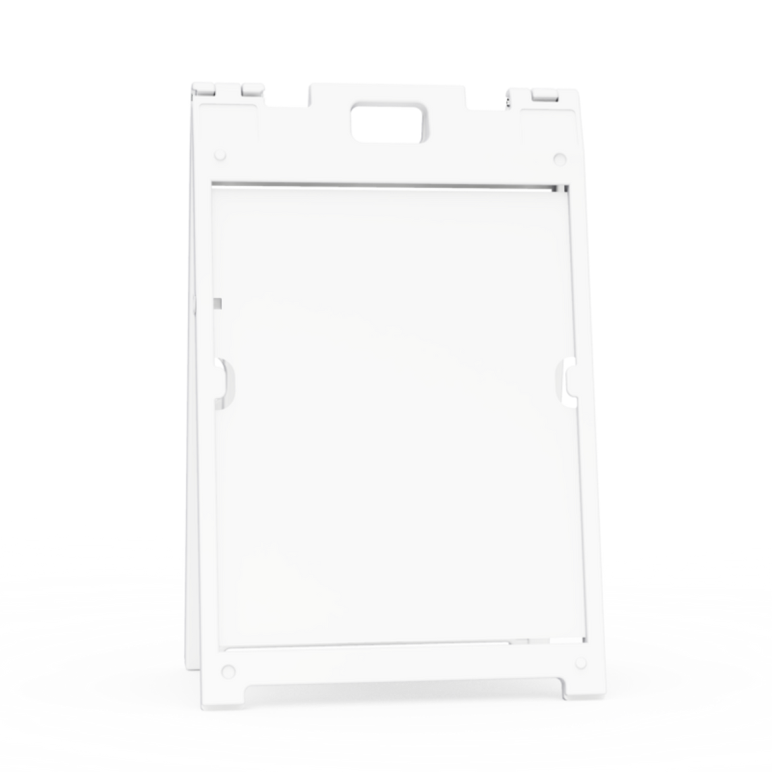 White plastic frame with cut-out sections on a white background