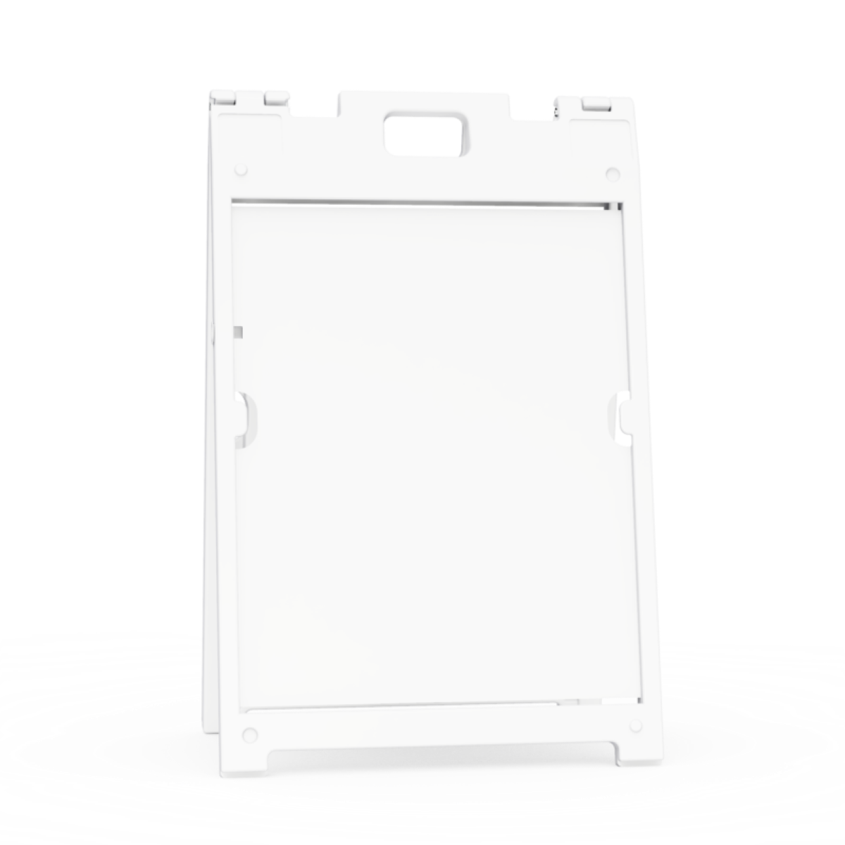 White plastic frame with cut-out sections on a white background
