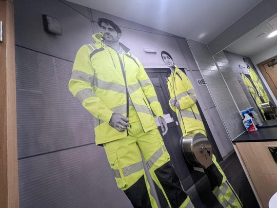High-visibility interior wall graphic printed on Drytac ReTac Textures Sand