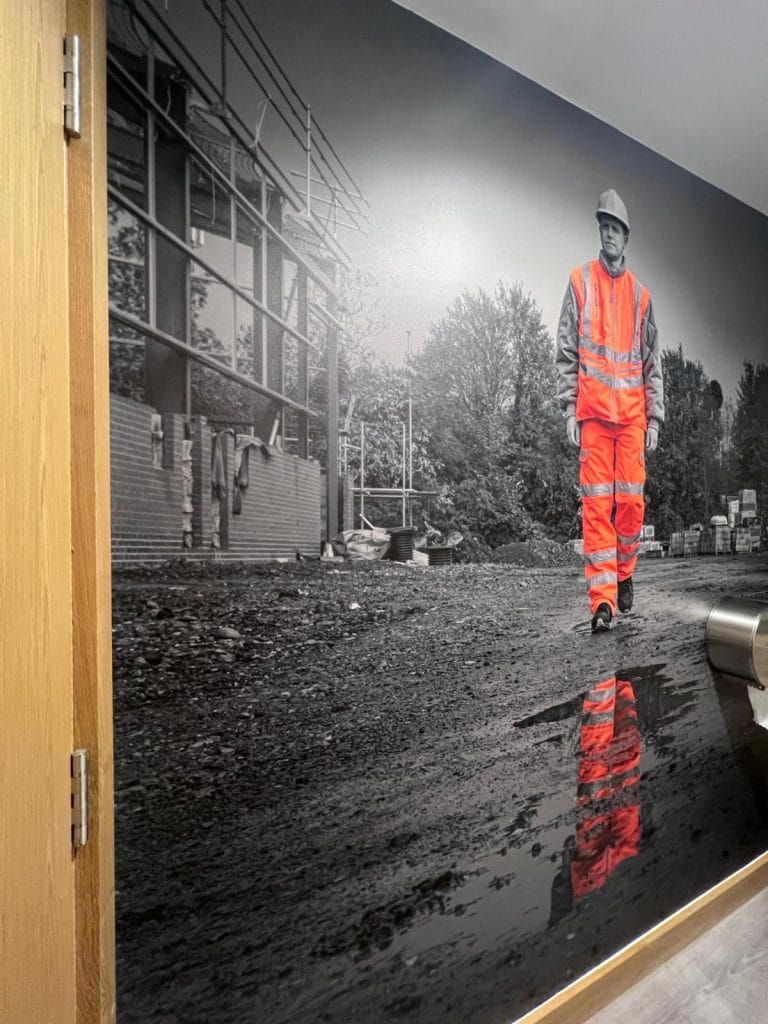 Finished office wall mural using Drytac ReTac Textures Sand embossed vinyl