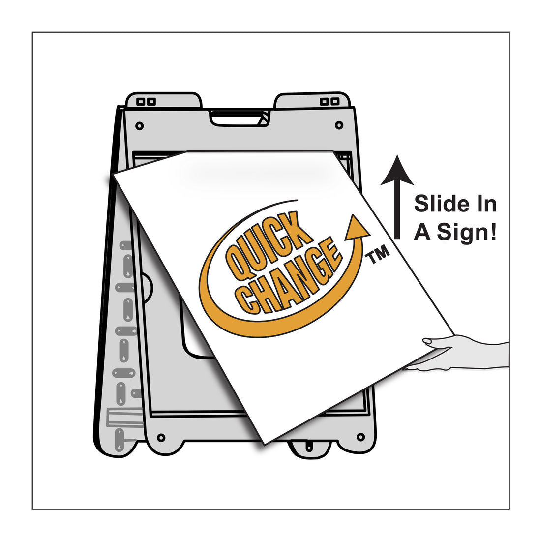 Illustration of a sign holder with a 'Quick Change' sign being slid into it.