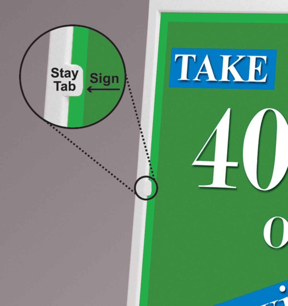 Green sign with 'Take 40' text and a close-up of a 'Stay Tab' on a gray background