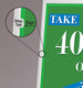 Green sign with 'Take 40' text and a close-up of a 'Stay Tab' on a gray background