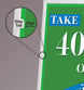 Green sign with 'Take 40' text and a close-up of a 'Stay Tab' on a gray background