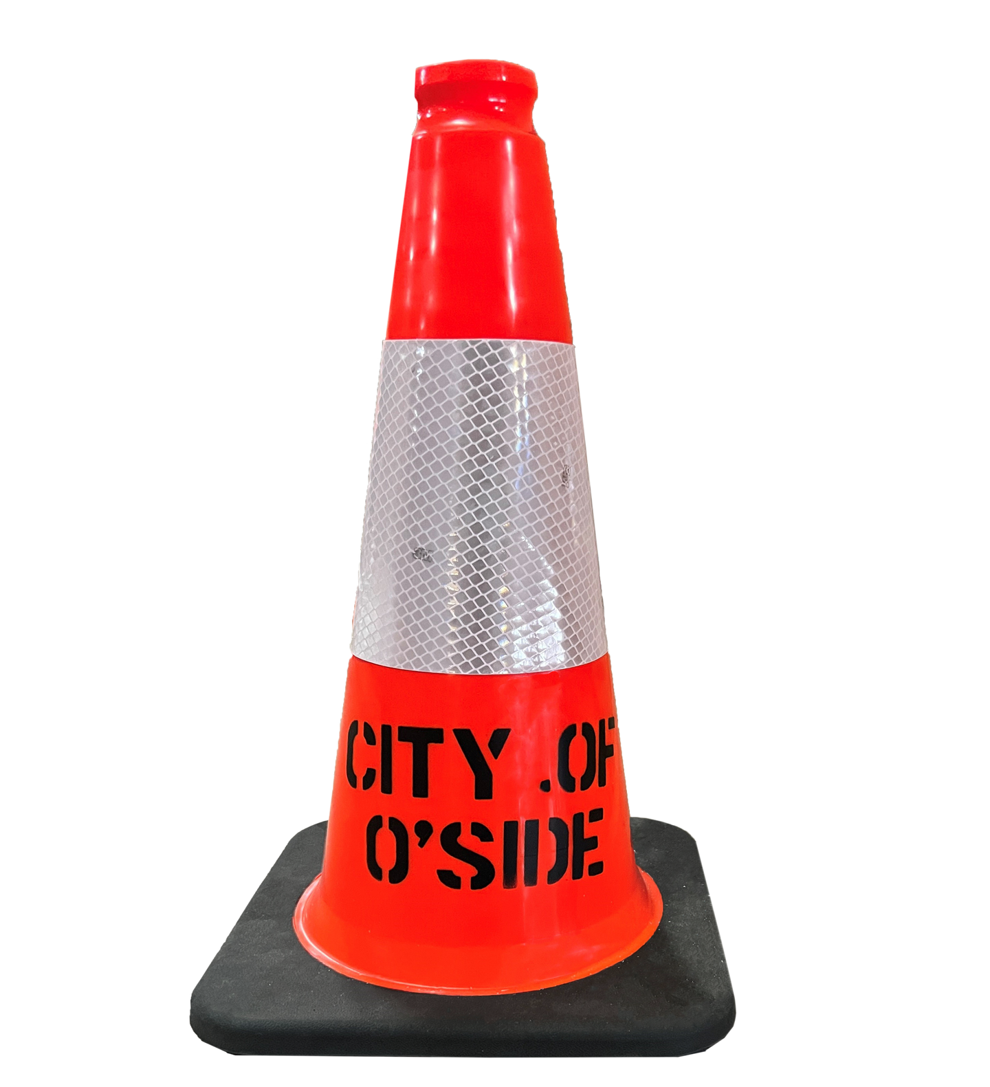 Orange traffic cone with reflective white band and black text on a white background