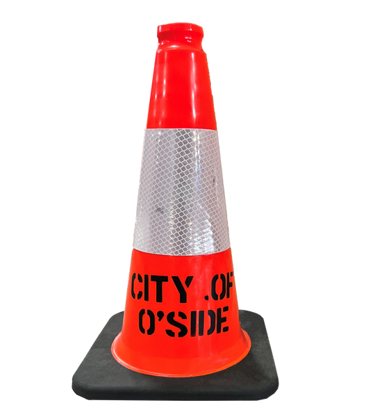 Orange traffic cone with reflective white band and black text on a white background