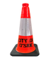 Orange traffic cone with reflective white band and black text on a white background