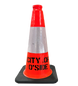 Orange traffic cone with reflective white band and black text on a white background
