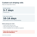 Custom-cut striping processing and delivery guide: 5–7 days processing, approximately 10–14 days total arrival, and non-refundable custom-cut rolls.