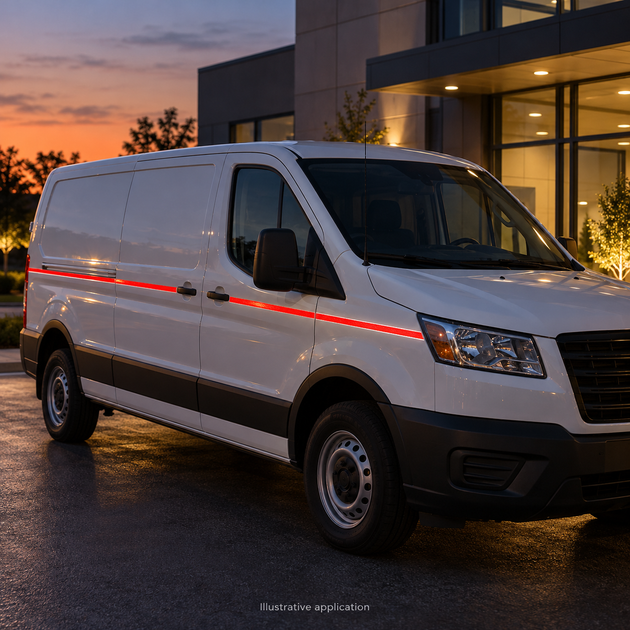 Illustrative application concept for reflective vinyl striping: service van accent striping at dusk. Scene colors are examples, not an exact White shade reference.