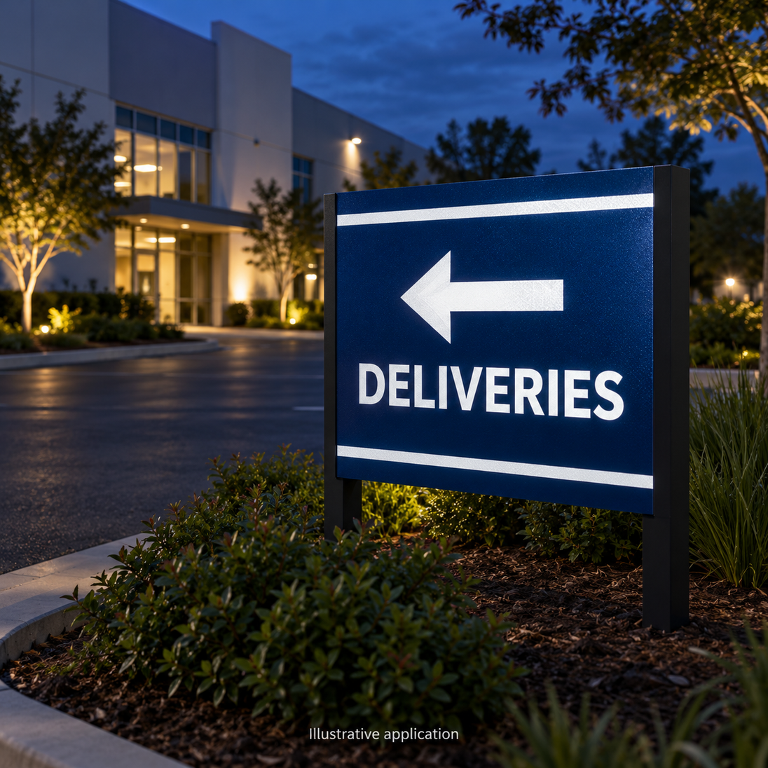 Illustrative application concept for reflective vinyl striping: private-property wayfinding sign. Scene colors are examples, not an exact White shade reference.