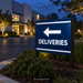 Illustrative application concept for reflective vinyl striping: private-property wayfinding sign. Scene colors are examples, not an exact Sapphire Blue shade reference.