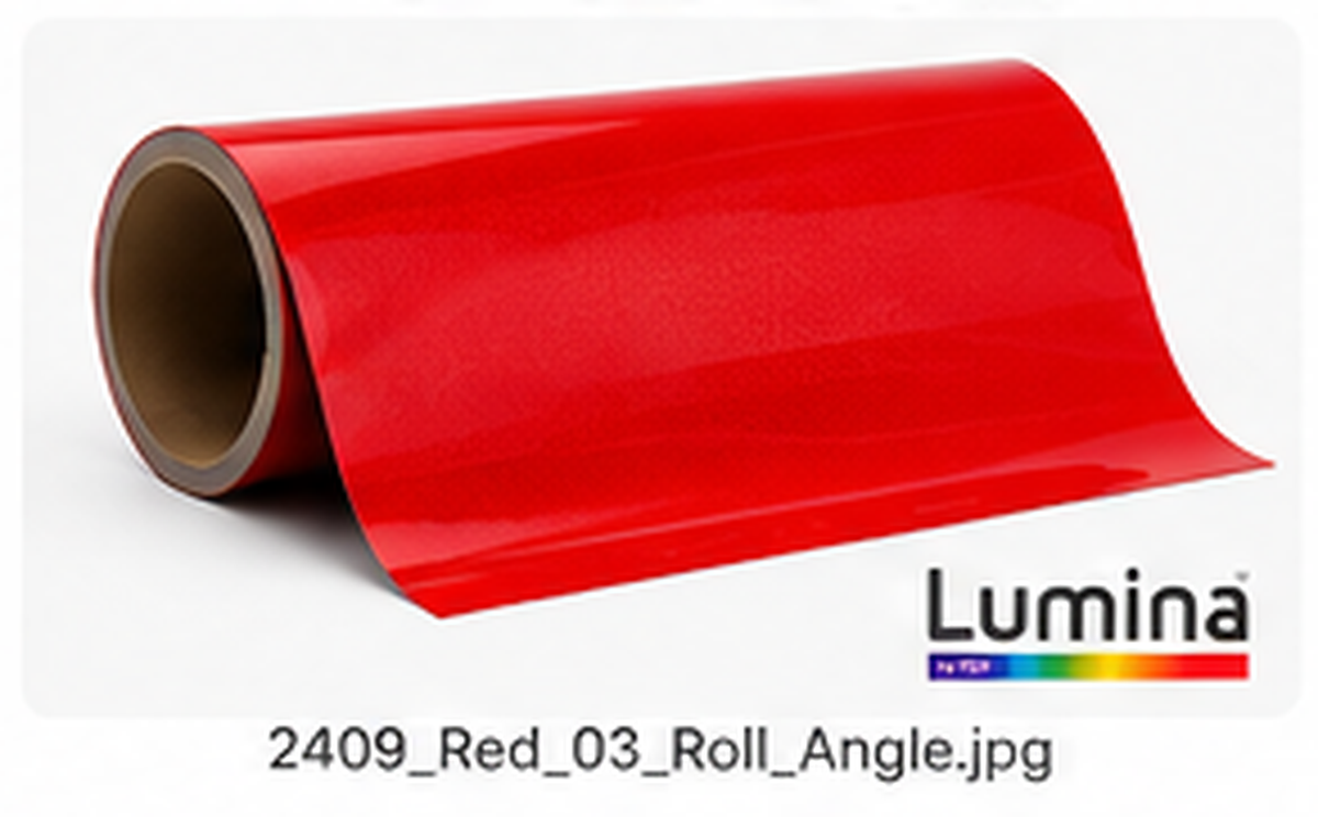 Representative angled roll illustration for Lumina 2409 Red reflective film; not an actual product photograph. Selected striping dimensions vary.