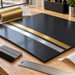 Illustrative decorative application of brushed gold and silver adhesive-film stripes on a flat display panel; not an exact product shade reference.