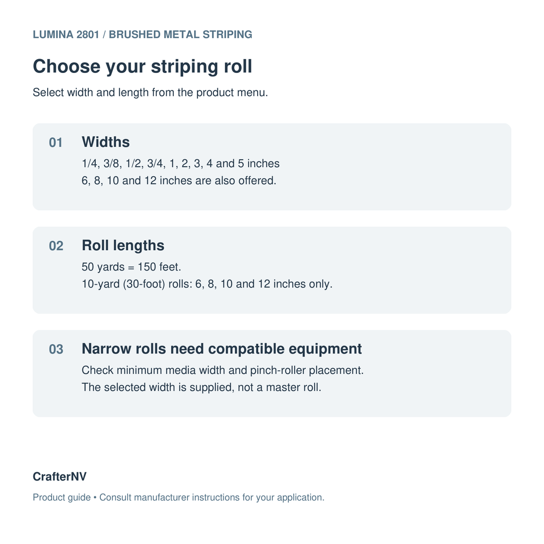 Lumina 2801 striping roll-size guide showing available widths and yard-to-foot length conversions.