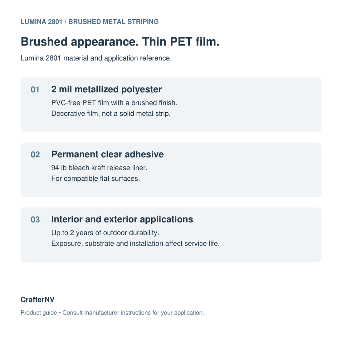 Lumina 2801 material guide: 2 mil brushed metallized PET film, permanent clear adhesive and flat-surface applications.