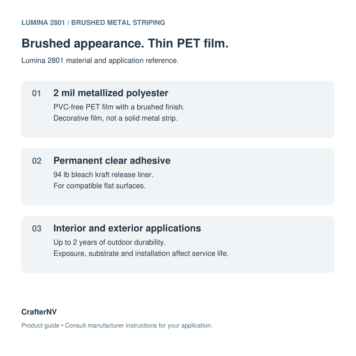 Lumina 2801 material guide: 2 mil brushed metallized PET film, permanent clear adhesive and flat-surface applications.