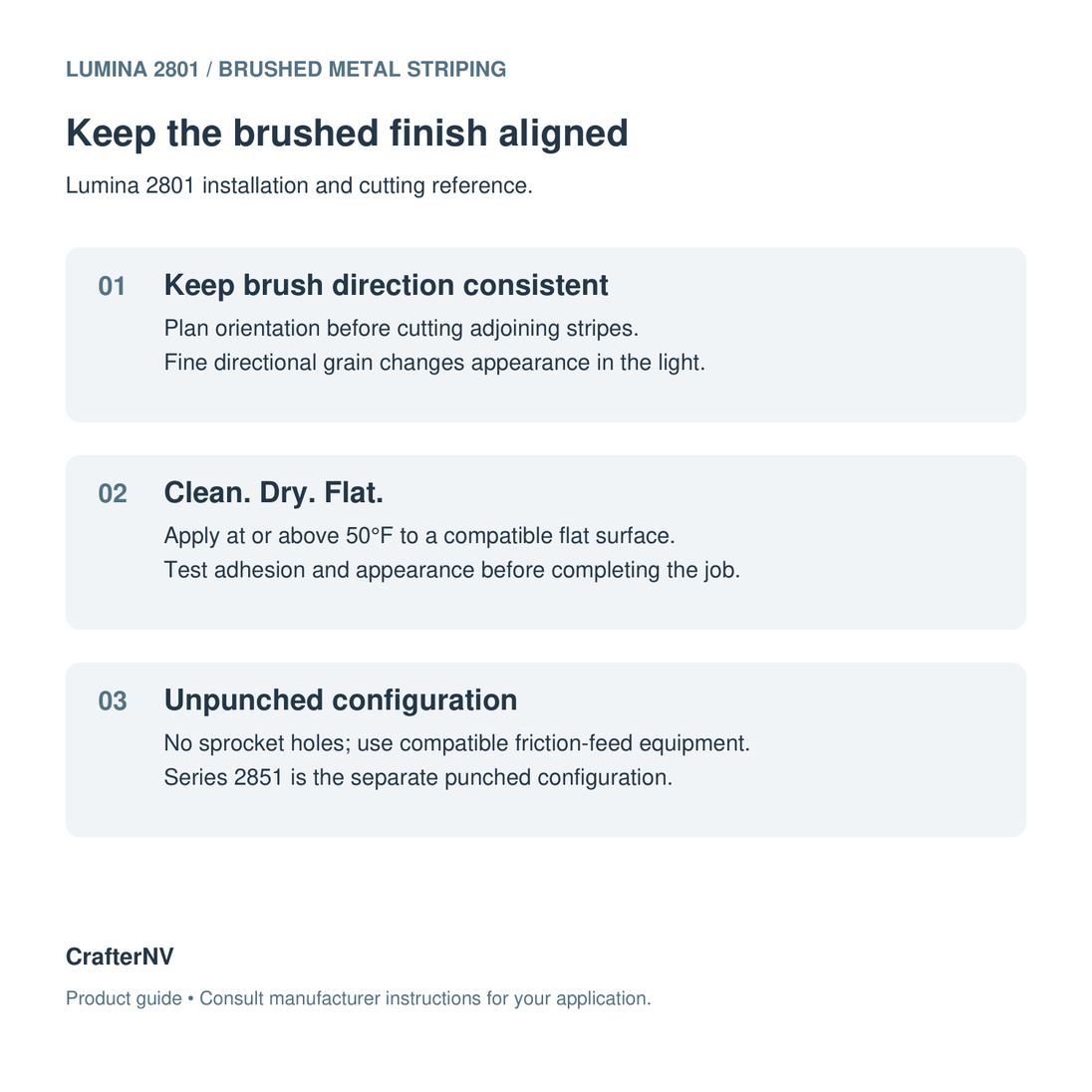Lumina 2801 installation guide: align brushed grain, apply dry to compatible flat surfaces at 50 degrees Fahrenheit or above, and use unpunched-compatible equipment.