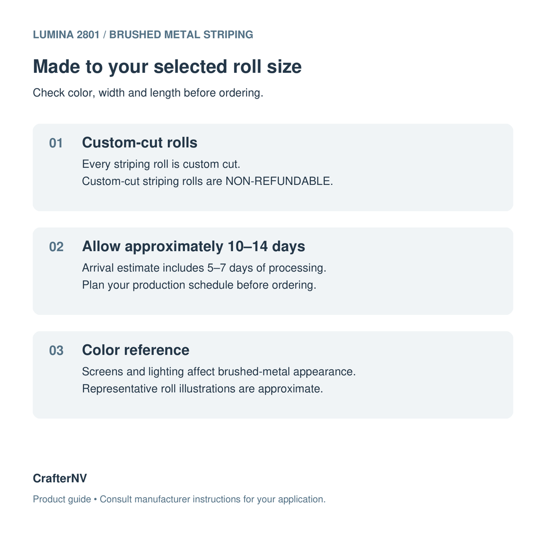 Custom-cut striping ordering guide: verify color and roll size, allow approximately 10 to 14 days including processing, and note that custom-cut rolls are non-refundable.