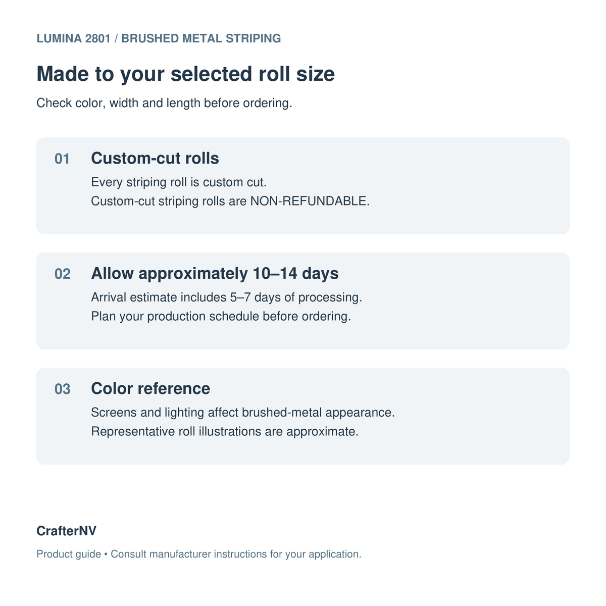 Custom-cut striping ordering guide: verify color and roll size, allow approximately 10 to 14 days including processing, and note that custom-cut rolls are non-refundable.