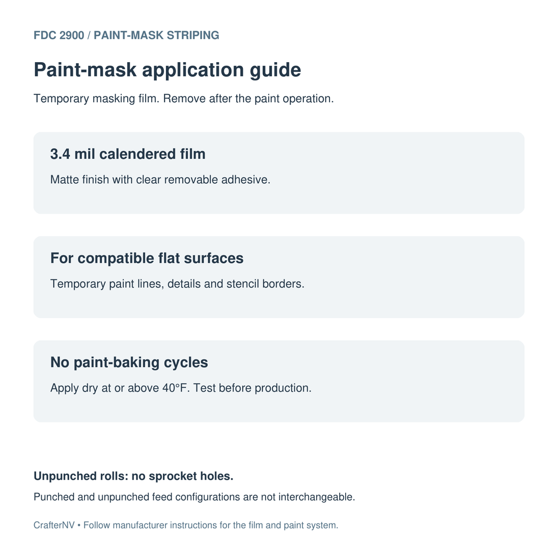 FDC 2900 paint-mask guide covering film construction, adhesive, suitable surfaces and application-temperature limits.