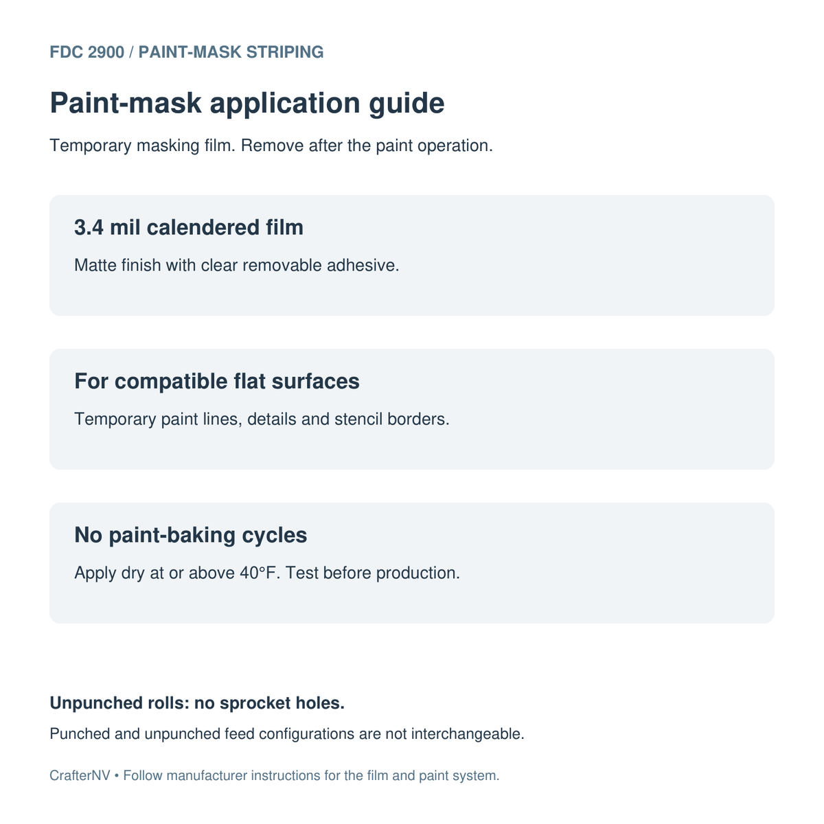 FDC 2900 paint-mask guide covering film construction, adhesive, suitable surfaces and application-temperature limits.