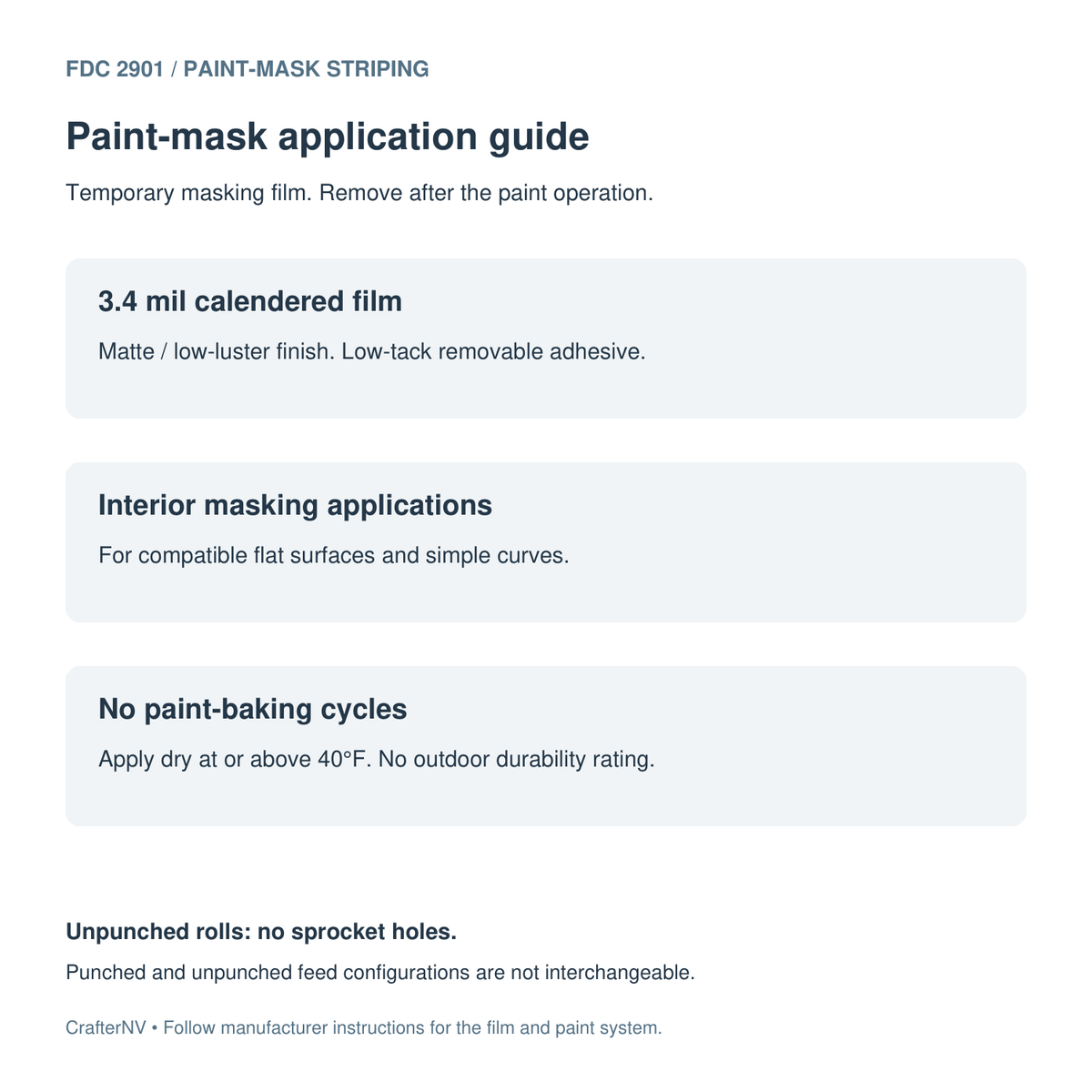 FDC 2901 paint-mask guide covering film construction, adhesive, suitable surfaces and application-temperature limits.