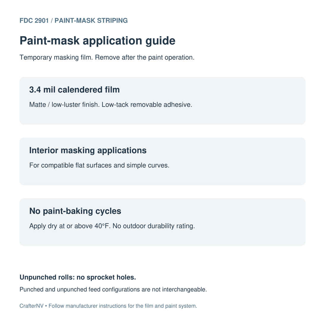 FDC 2901 paint-mask guide covering film construction, adhesive, suitable surfaces and application-temperature limits.