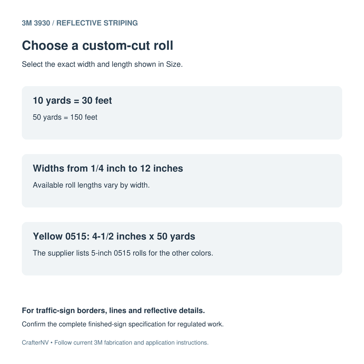 3M 3930 custom-cut striping size guide; 10 yards equals 30 feet and 50 yards equals 150 feet; yellow 0515 is 4-1/2 inches wide
