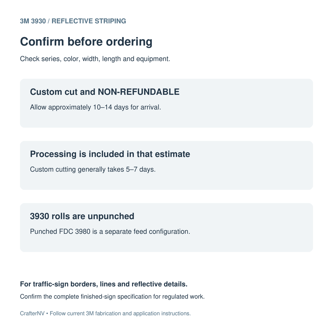 3M 3930 custom-cut striping ordering guide; unpunched rolls, 10 to 14 day arrival estimate, custom cut and non-refundable