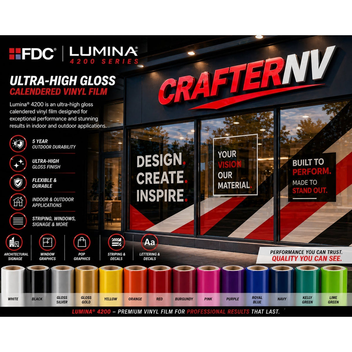 Illustrative sign and storefront application concept for Lumina 4200; shown colors may differ and finished signs are not included