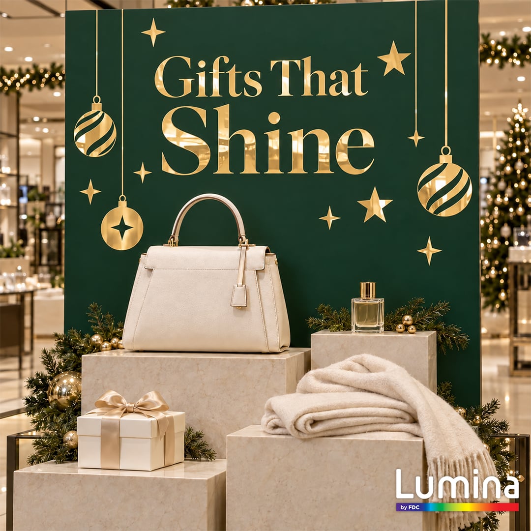Lumina 2800 manufacturer application example showing gold mirror finish indoor retail graphics