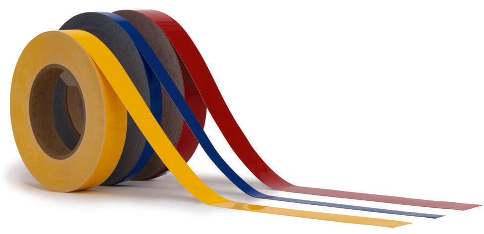 Example of custom-cut striping rolls on release liners; colors and dimensions vary by selected option.