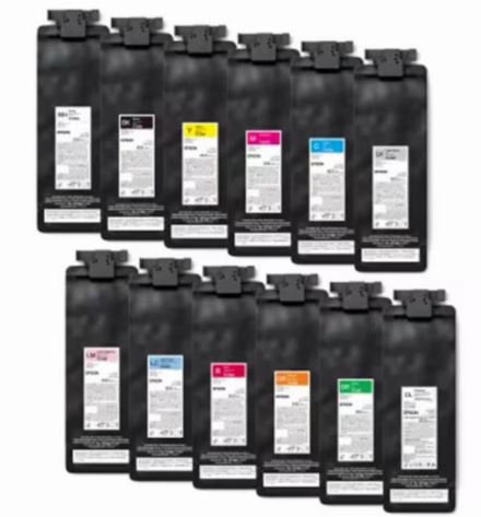 Set of black ink cartridge packages with labels on a white background