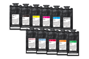 Set of ink cartridges with labels on a white background