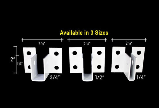 White metal brackets with measurements on a black background