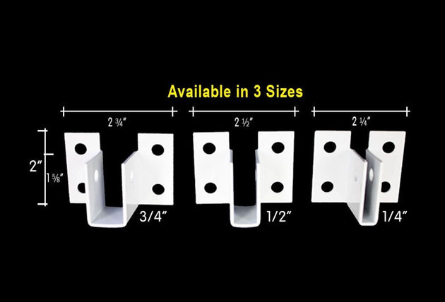 White metal brackets with measurements on a black background