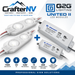 CrafterNV and Allanson United II LED modules for sign lighting, featuring two white signal-bleed modules and two gray Allanson 60W power supplies on a white and blue graphic background with feature icons.