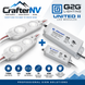 CrafterNV and Allanson United II LED modules for sign lighting, featuring two white signal-bleed modules and two gray Allanson 60W power supplies on a white and blue graphic background with feature icons.