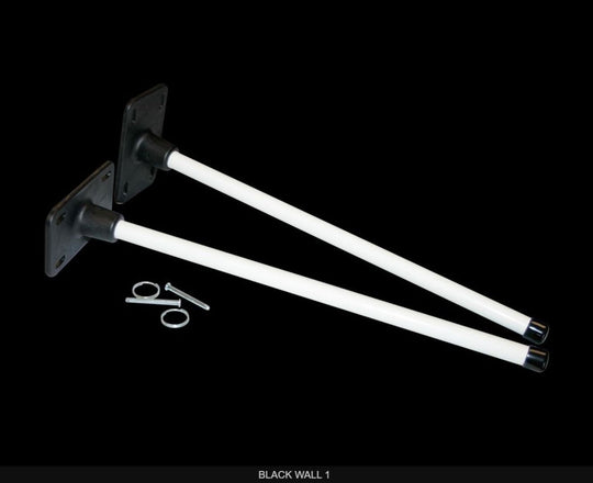 Two white metal brackets with mounting hardware on a black background