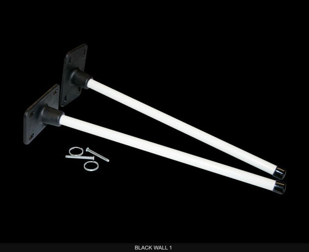 Two white metal brackets with mounting hardware on a black background
