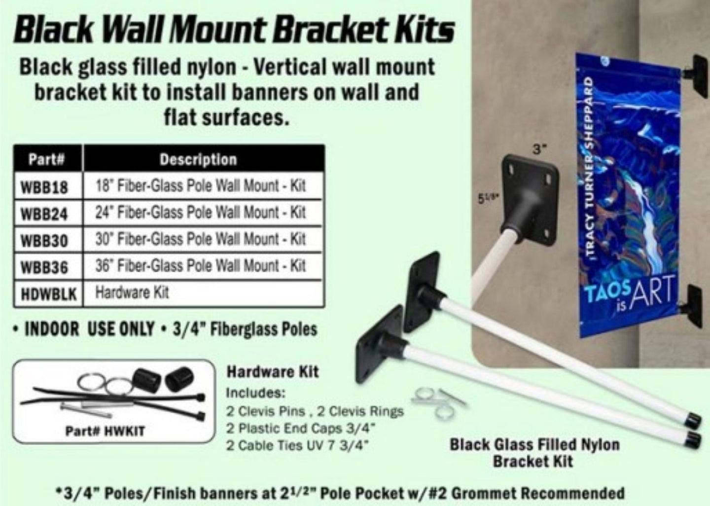 Black wall mount bracket kit for installing banners on walls and flat surfaces, with a sample banner displayed.