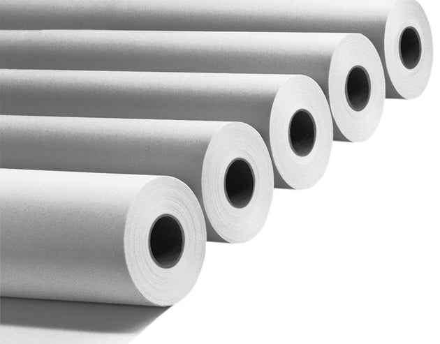 Rolls of paper stacked on a white background
