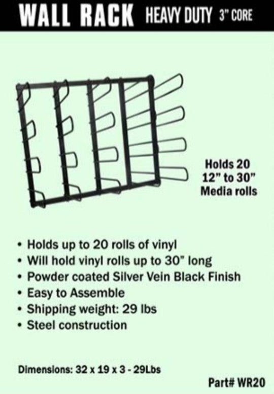 Heavy-duty wall rack with specifications on a green background