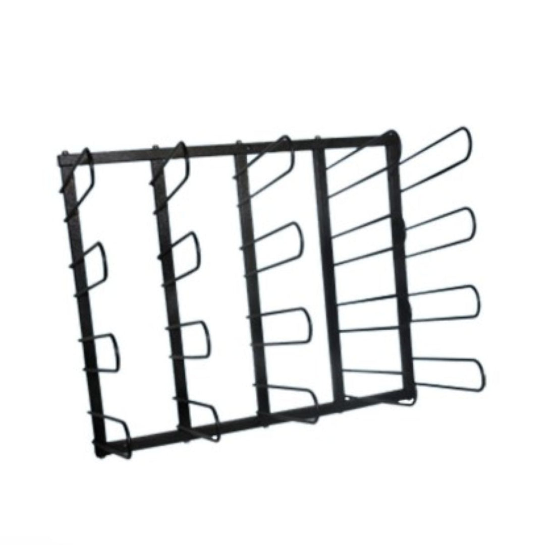 Black metal grid rack on a white background