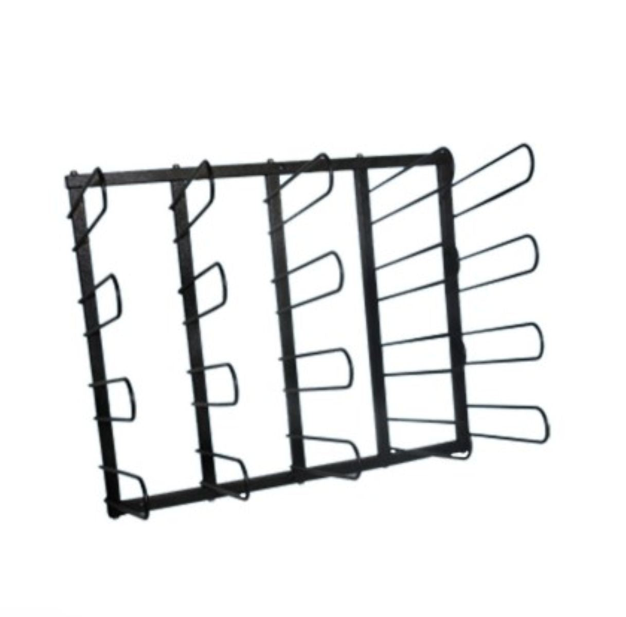 Black metal grid rack on a white background