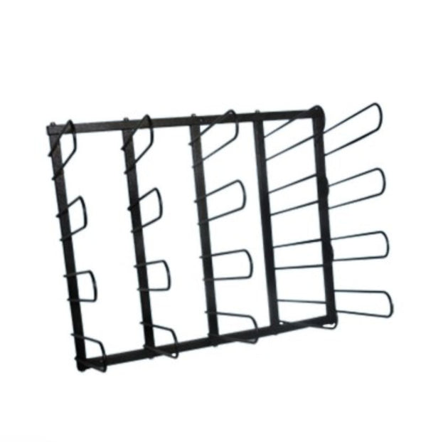 Black metal grid rack on a white background