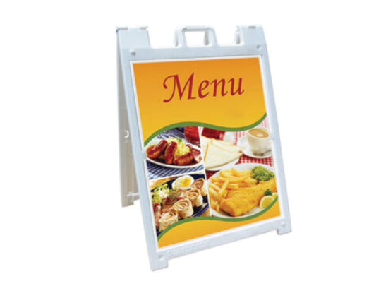 Outdoor menu stand with images of food on a white background